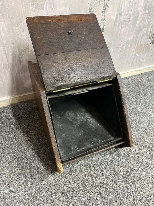Vintage Wood &amp; Brass Coal Scuttle Handle Lift Up Lid Ornate