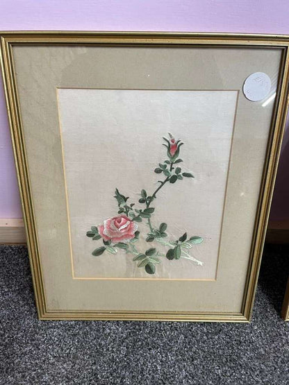 Set of Three Framed Silk Floral Tapestries