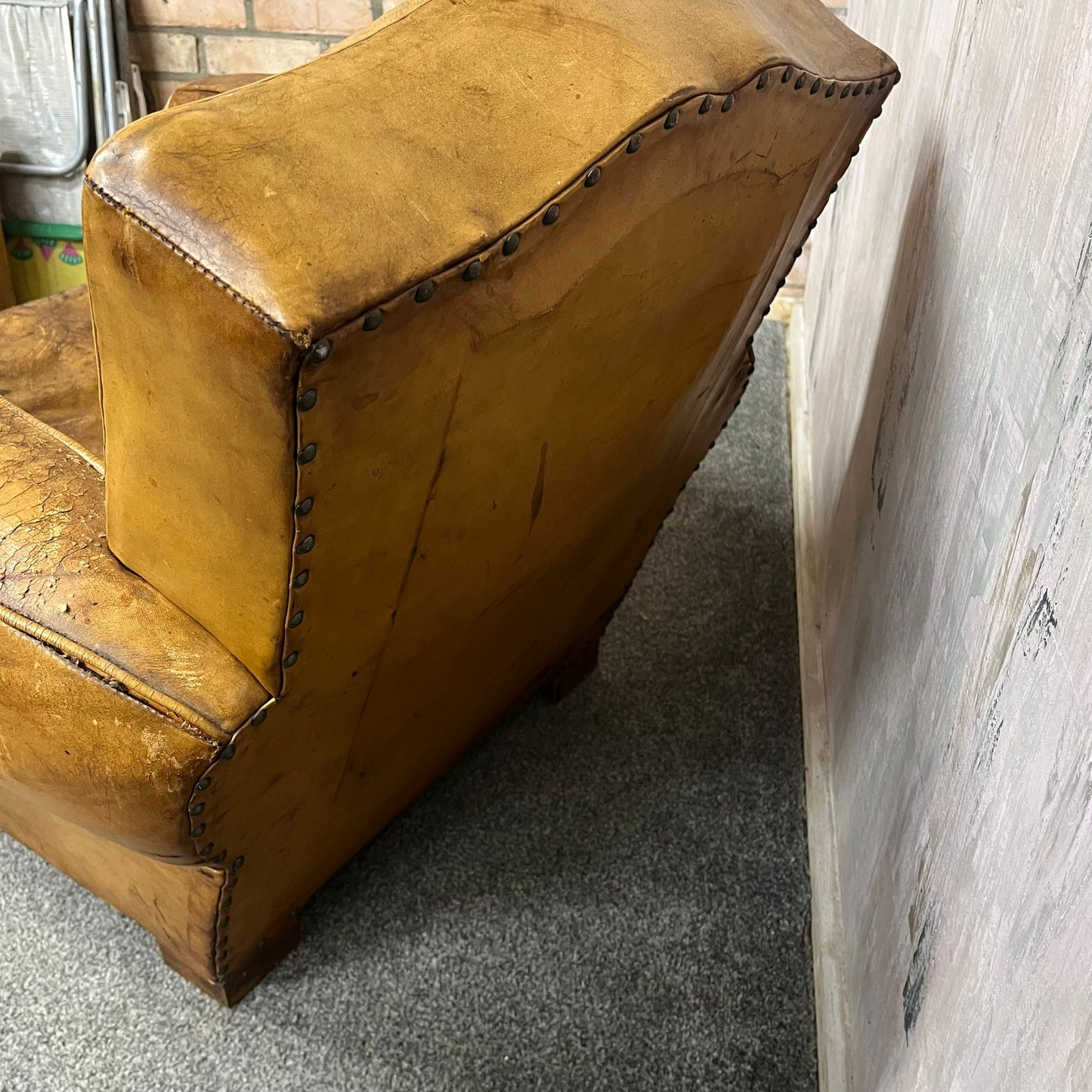 Vintage Rustic Tan Leather Low Armchair Great Patina Studded Back
