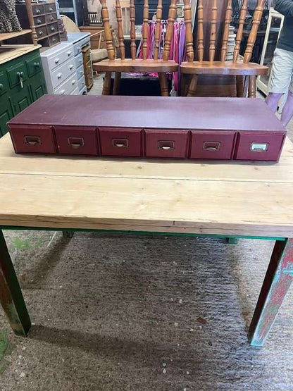 Vintage 6 Red Faux Leather Covered Filing Drawers Brass Handles Label Holders