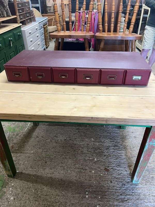Vintage 6 Red Faux Leather Covered Filing Drawers Brass Handles Label Holders