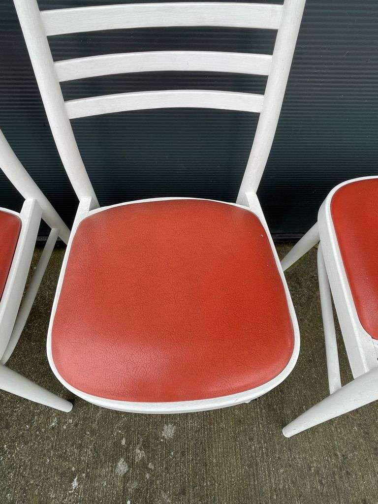 5x Vintage Retro 20thC Mid-Century Wooden White Chairs Red Seats Kitchen Dining