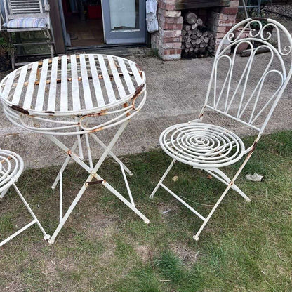 Vintage Style White Cream Metal Garden Patio Set 2 Chairs Round Table Folding