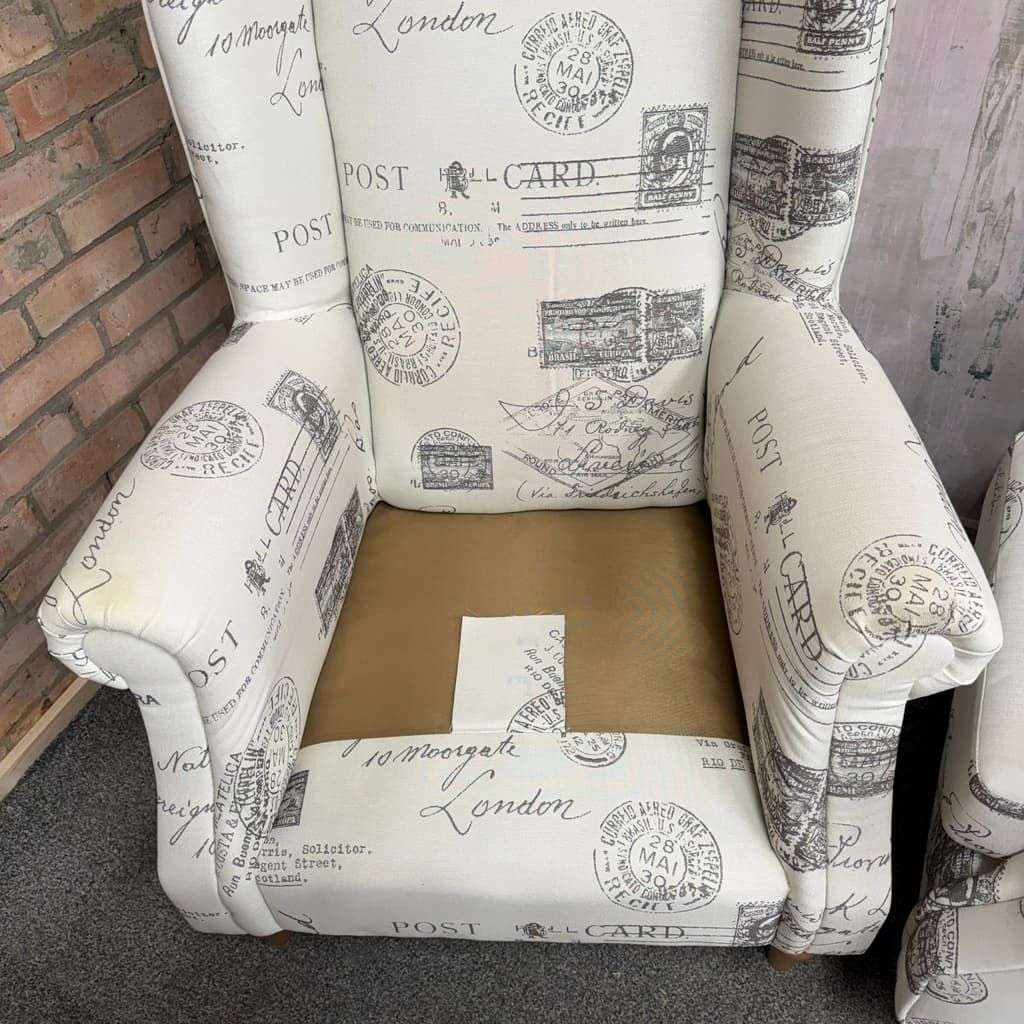 Pair Modern Upholstered Wingback Armchairs Scrolled Arms Postcard Fabric Design