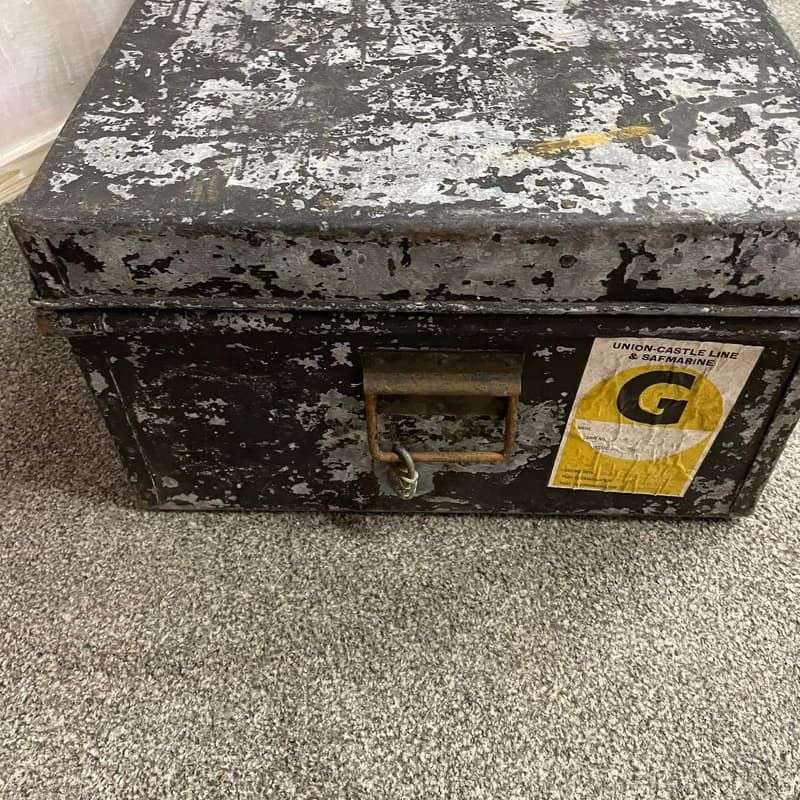 Rustic Black And Grey Metal Travel Trunk Latch Side Handles Coffee Table Chest