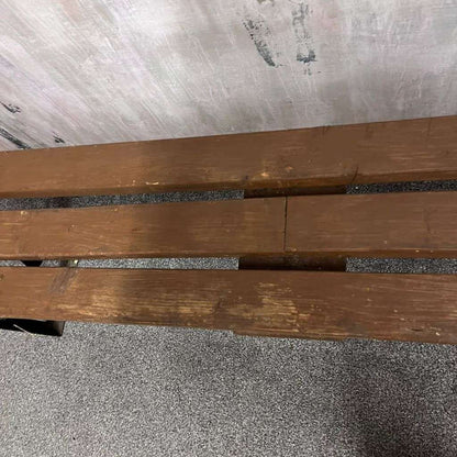 Vintage Folding Trestle Bench Stained Slatted Top Metal Legs Great Patina