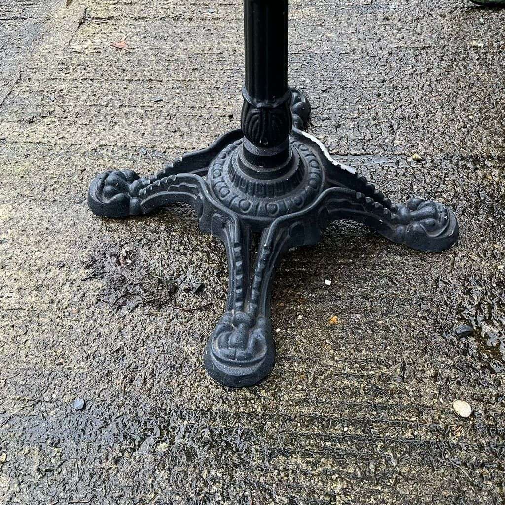 Teak Slatted Top Garden Table Black Wrought Iron Ornate Iron Base