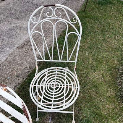 Vintage Style White Cream Metal Garden Patio Set 2 Chairs Round Table Folding