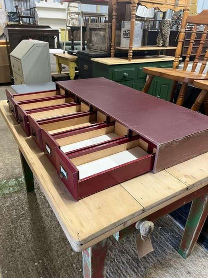 Vintage 6 Red Faux Leather Covered Filing Drawers Brass Handles Label Holders
