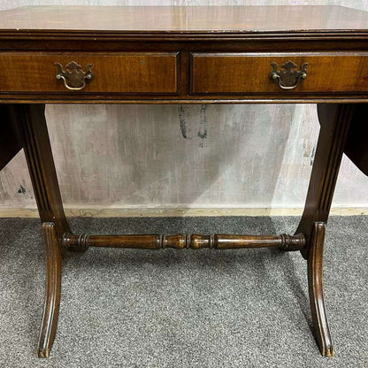 Antique Walnut Side Console Table Drop Leaf Two Drawers Desk