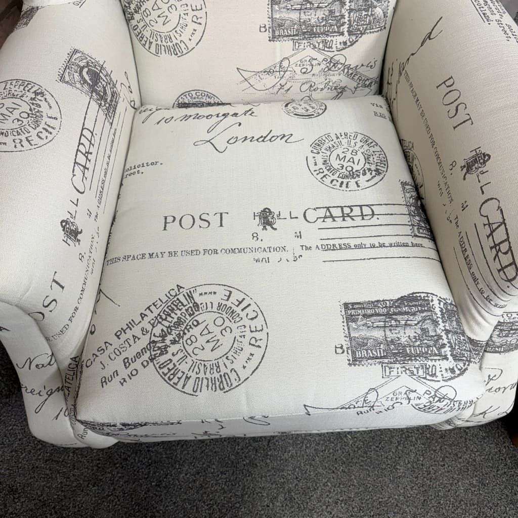 Pair Modern Upholstered Wingback Armchairs Scrolled Arms Postcard Fabric Design