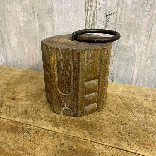 Carved Octagonal Wooden Door Stop Rusted Bull Ring Handle