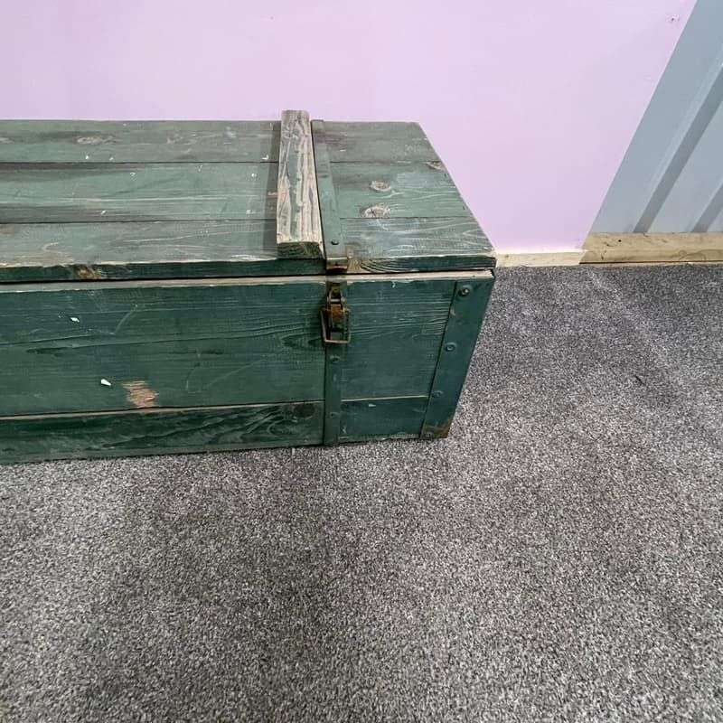 Vintage Large Wooden Trunk Toolbox Hinged Lid with Catches Coffee Side Table