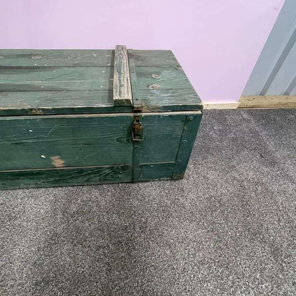 Vintage Large Wooden Trunk Toolbox Hinged Lid with Catches Coffee Side Table