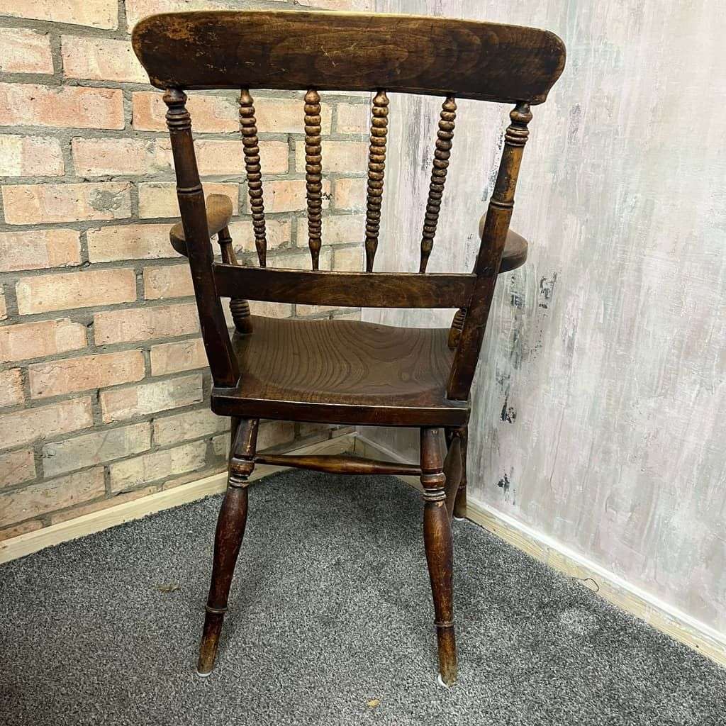 Antique 20thC Wooden Carver ArmChair Ornate Beaded Back Turned Legs