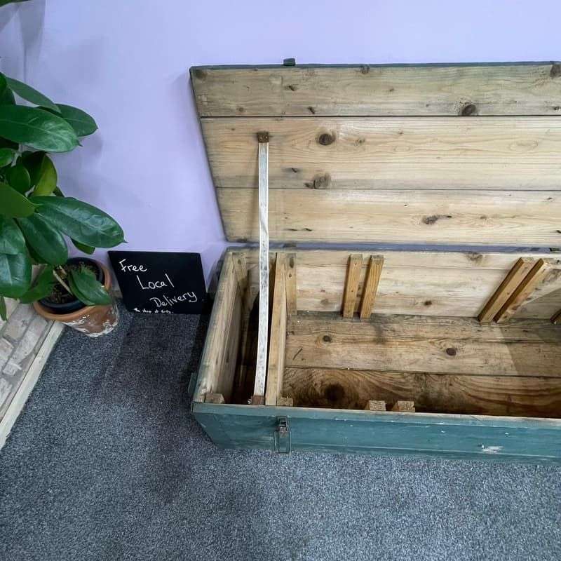 Vintage Large Wooden Trunk Toolbox Hinged Lid with Catches Coffee Side Table