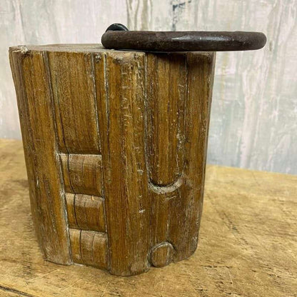 Carved Octagonal Wooden Door Stop Rusted Bull Ring Handle