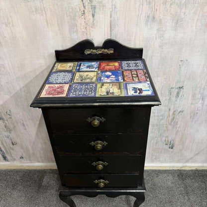 Black Painted 4 Drawer Night Stand Decoupage Top And Sides Cabriole Legs