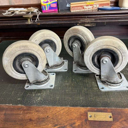 4x Vintage Flexello Industrial Swivel Castors Steel Base Rubber Wheel