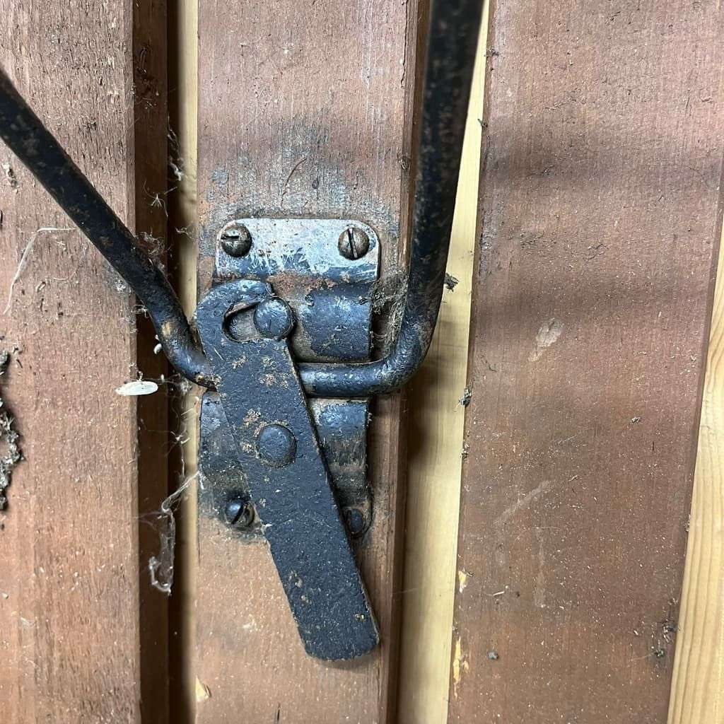 Vintage Folding Trestle Bench Stained Slatted Top Metal Legs Great Patina