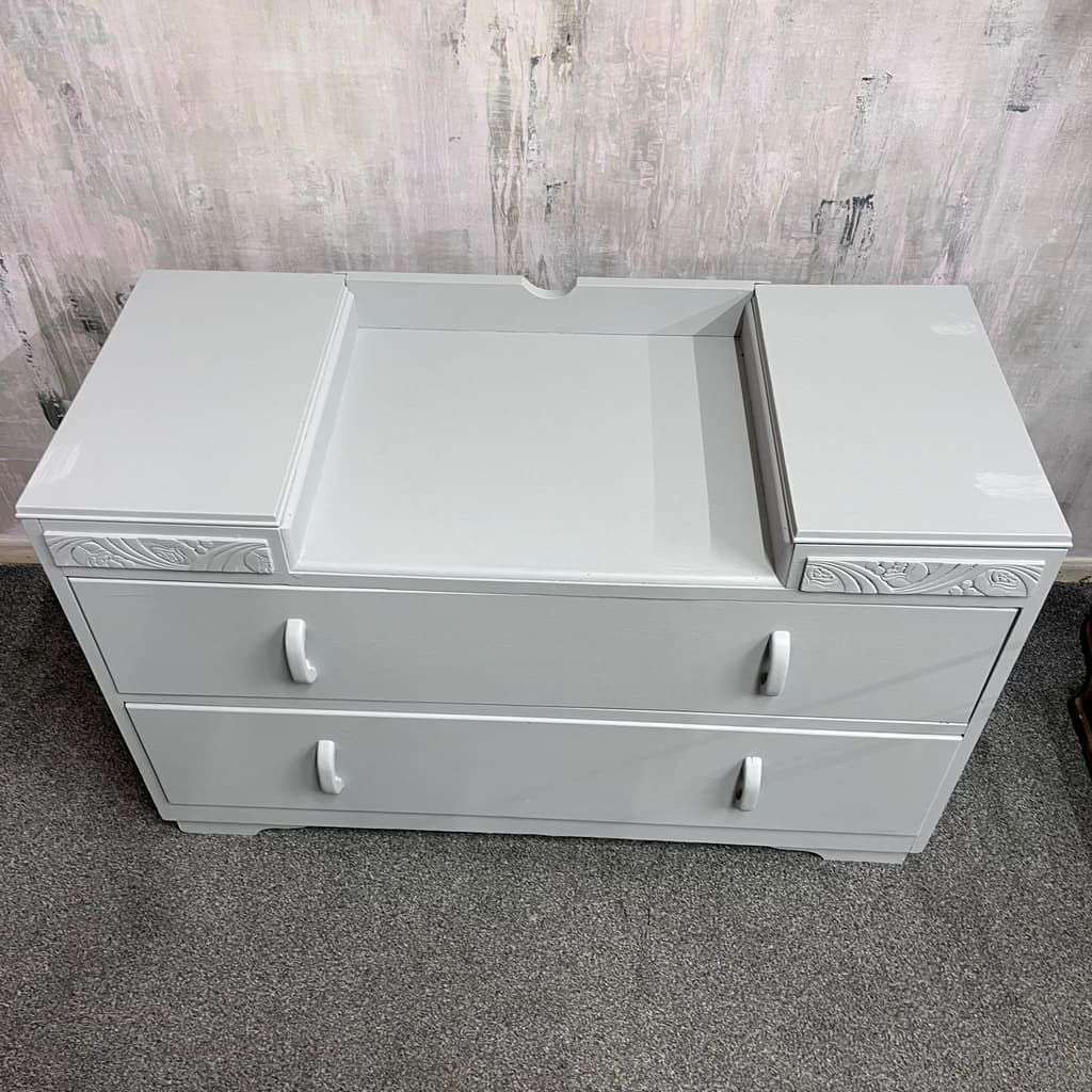1950s Painted Dark Wood Dressing Table With 2 Drawers Pale Grey