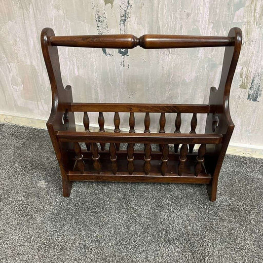 Vintage Dark Wood Magazine Rack Handle Clover Motif