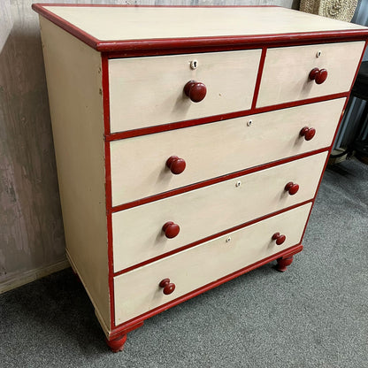Large Victorian Chest 2 Over 3 Drawers Painted Salmon & Red Ornate Ball Feet