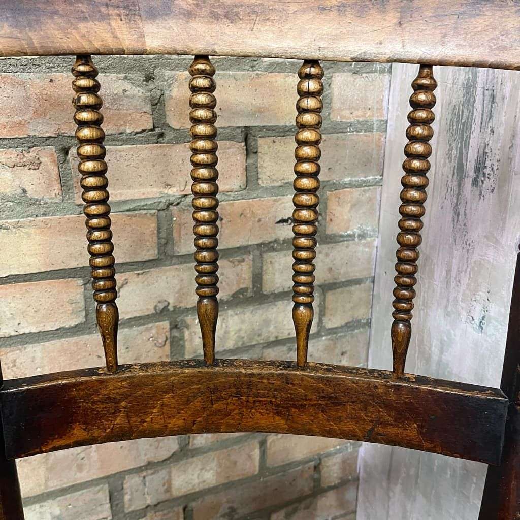 Antique 20thC Wooden Carver ArmChair Ornate Beaded Back Turned Legs