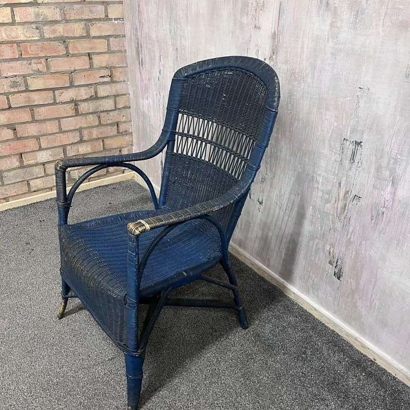 Vintage Lloyd Loom Cane Conservatory Chair Painted Dark Blue High Back Patina