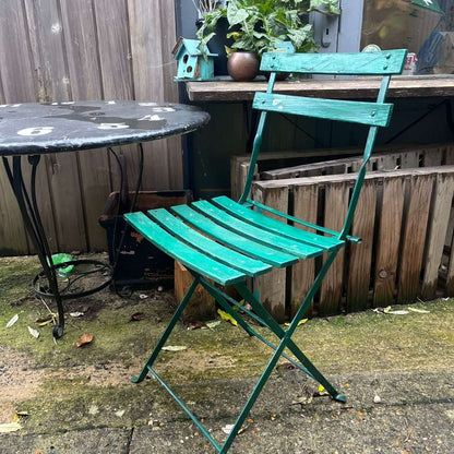 Vintage Pair Green Folding Garden Chairs Slatted Seat And Back