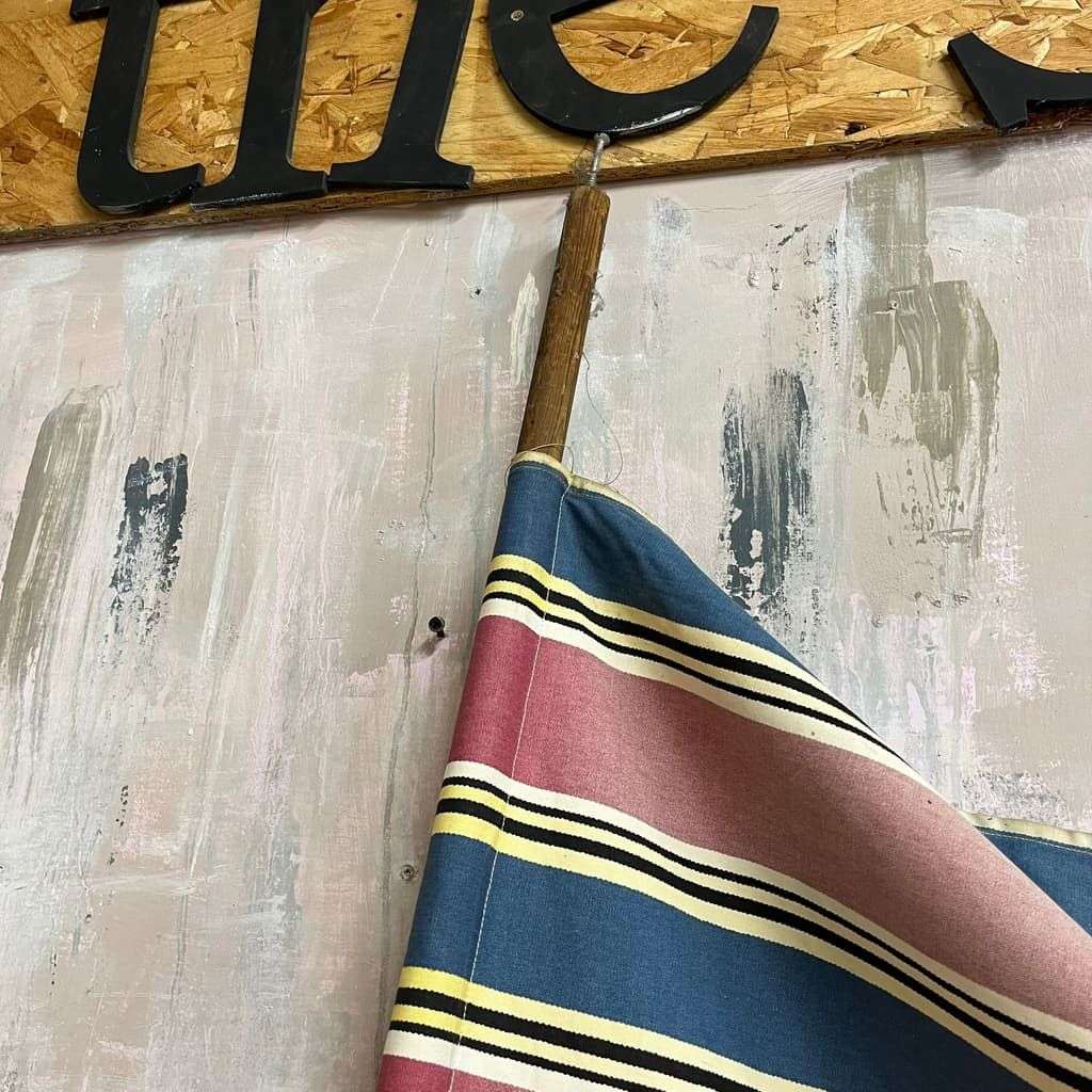 Vintage Retro Homemade Sun Screen Wood &amp; Bamboo Pole Faded Striped Fabric