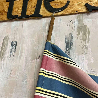 Vintage Retro Homemade Sun Screen Wood &amp; Bamboo Pole Faded Striped Fabric