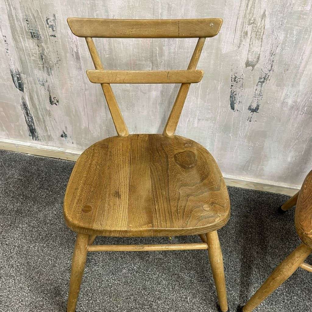 Pair Ercol Mid Century Red Dot Ash &amp; Elm Children’s Chairs Stacking