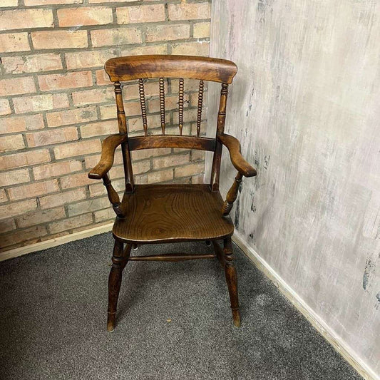 Antique 20thC Wooden Carver ArmChair Ornate Beaded Back Turned Legs