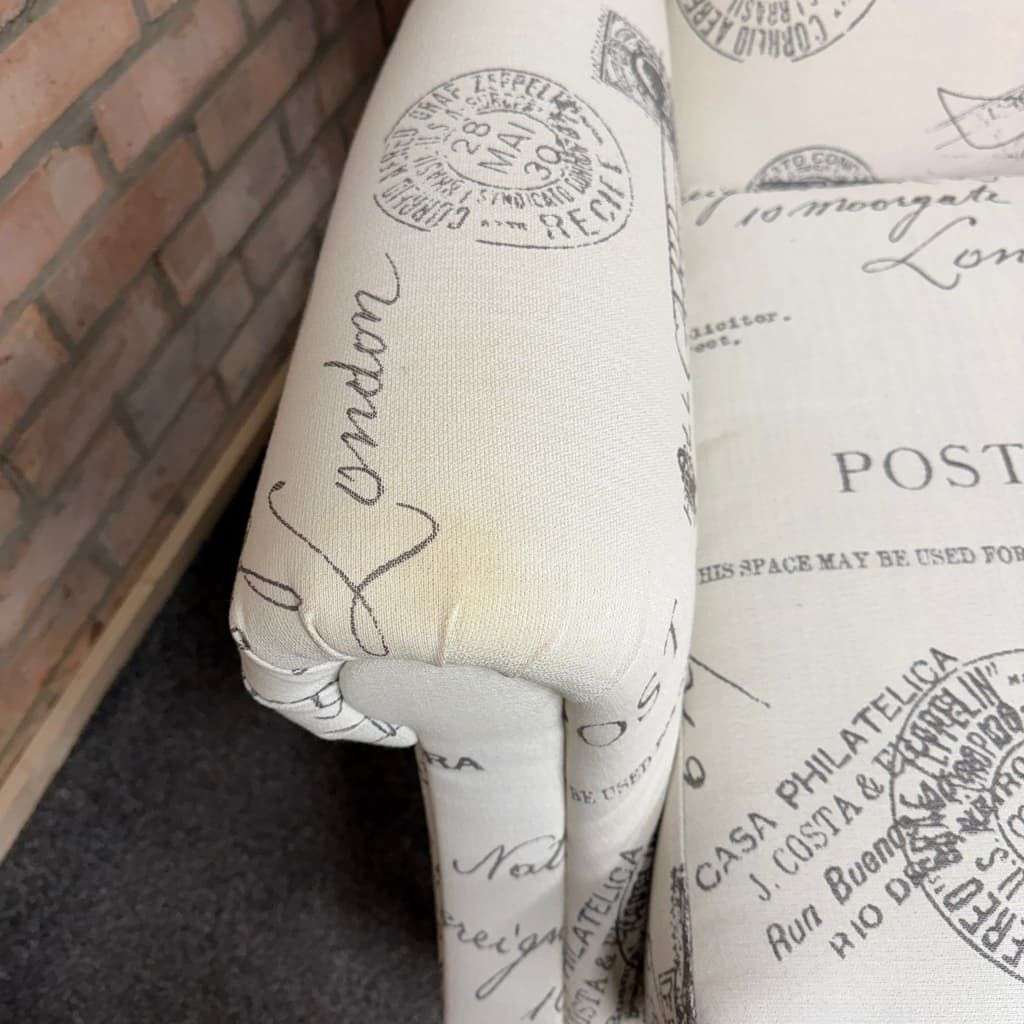 Pair Modern Upholstered Wingback Armchairs Scrolled Arms Postcard Fabric Design