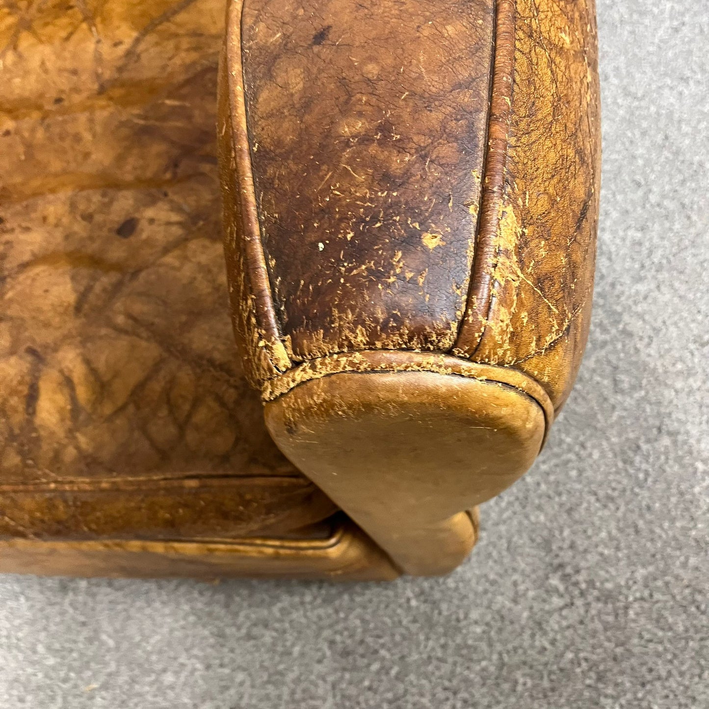 Vintage Rustic Tan Leather Low Armchair Great Patina Studded Back