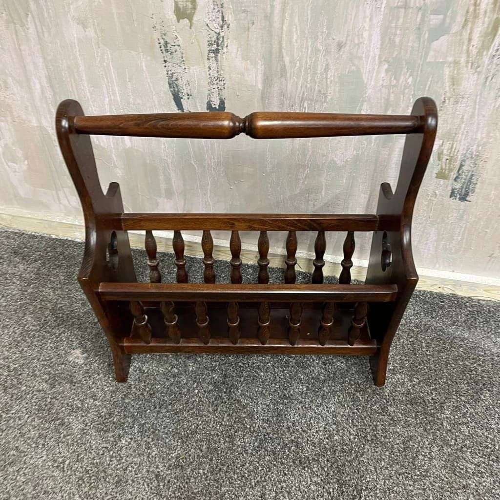 Vintage Dark Wood Magazine Rack Handle Clover Motif