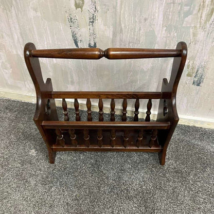 Vintage Dark Wood Magazine Rack Handle Clover Motif