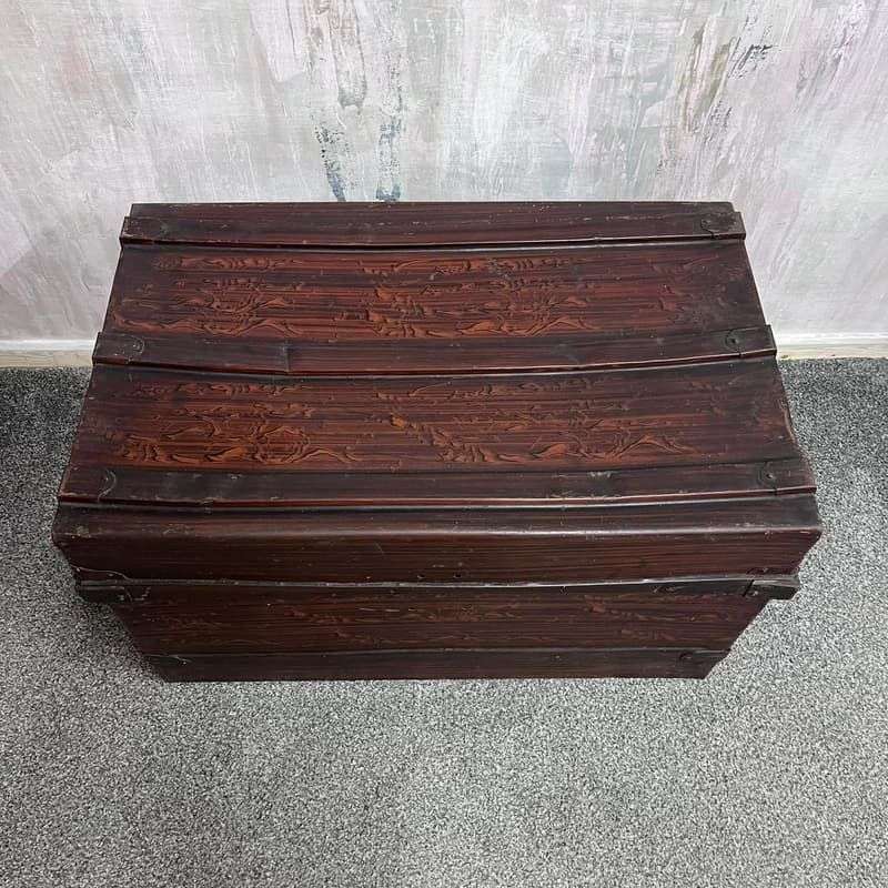 Vintage Metal Large Tin Trunk Side Handles Wood Grain Effect