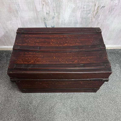 Vintage Metal Large Tin Trunk Side Handles Wood Grain Effect