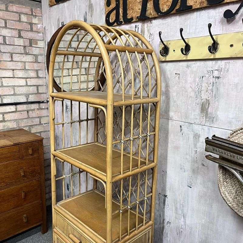 Vintage Bamboo Arched Shelving Unit Drawer Double Cupboard Lattice Back