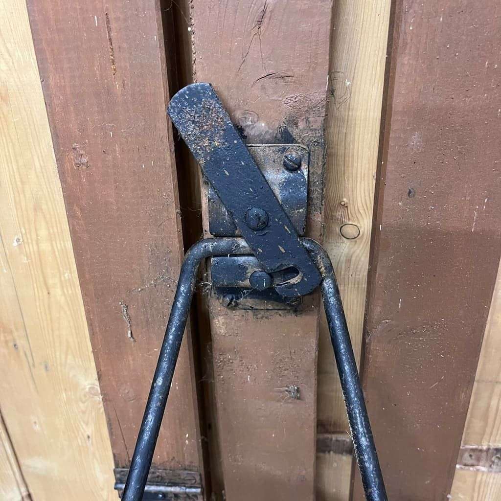 Vintage Folding Trestle Bench Stained Slatted Top Metal Legs Great Patina