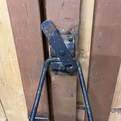 Vintage Folding Trestle Bench Stained Slatted Top Metal Legs Great Patina