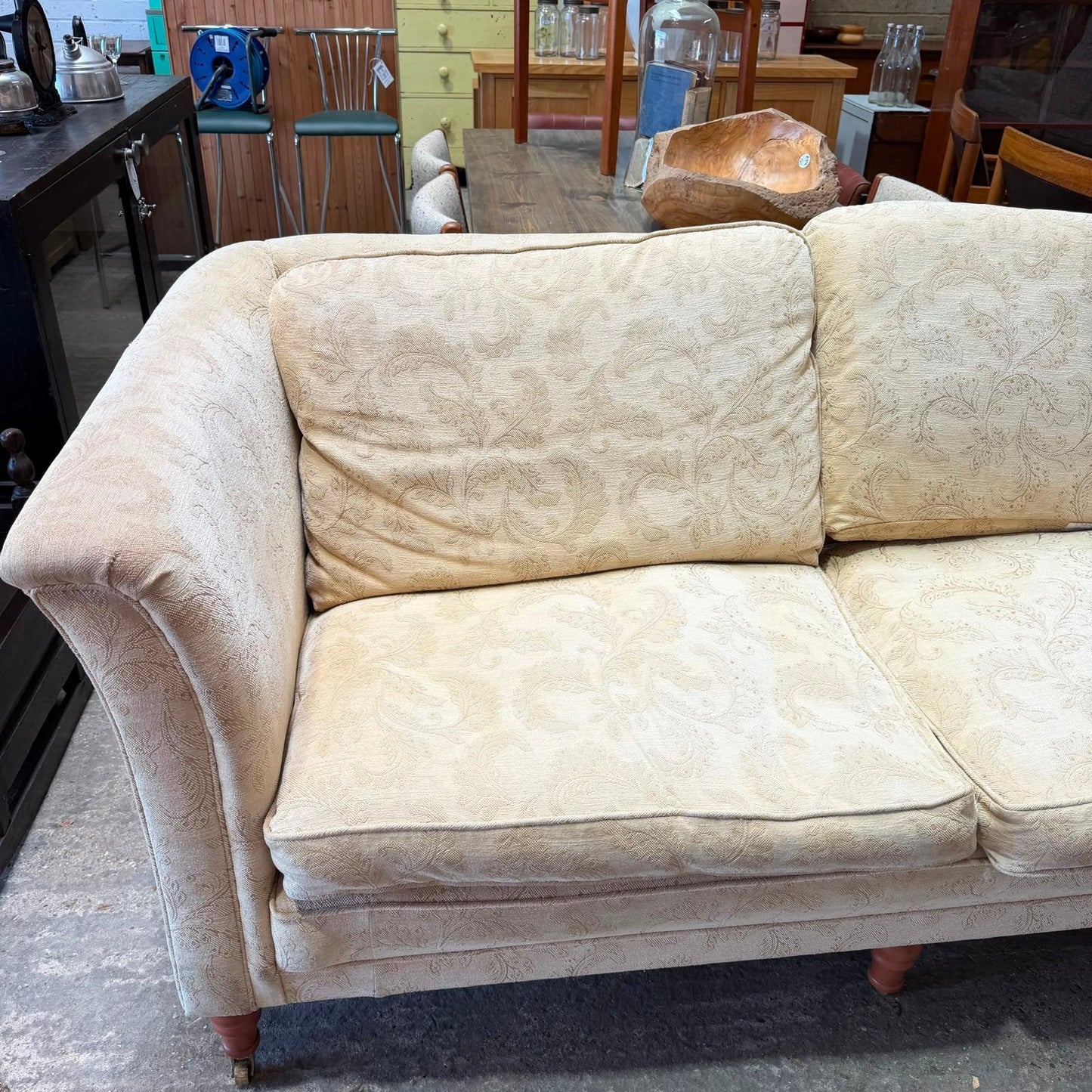 Large High Arm 3 Seater Sofa Warm Cream Floral Design Front Castors Stowe Design