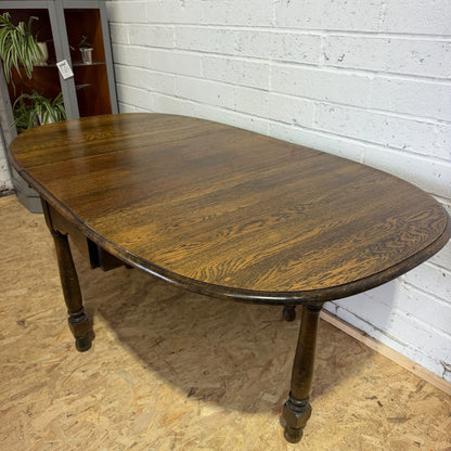 Antique Oak Drop Leaf Dining Table Seats 6/8 Turned Legs