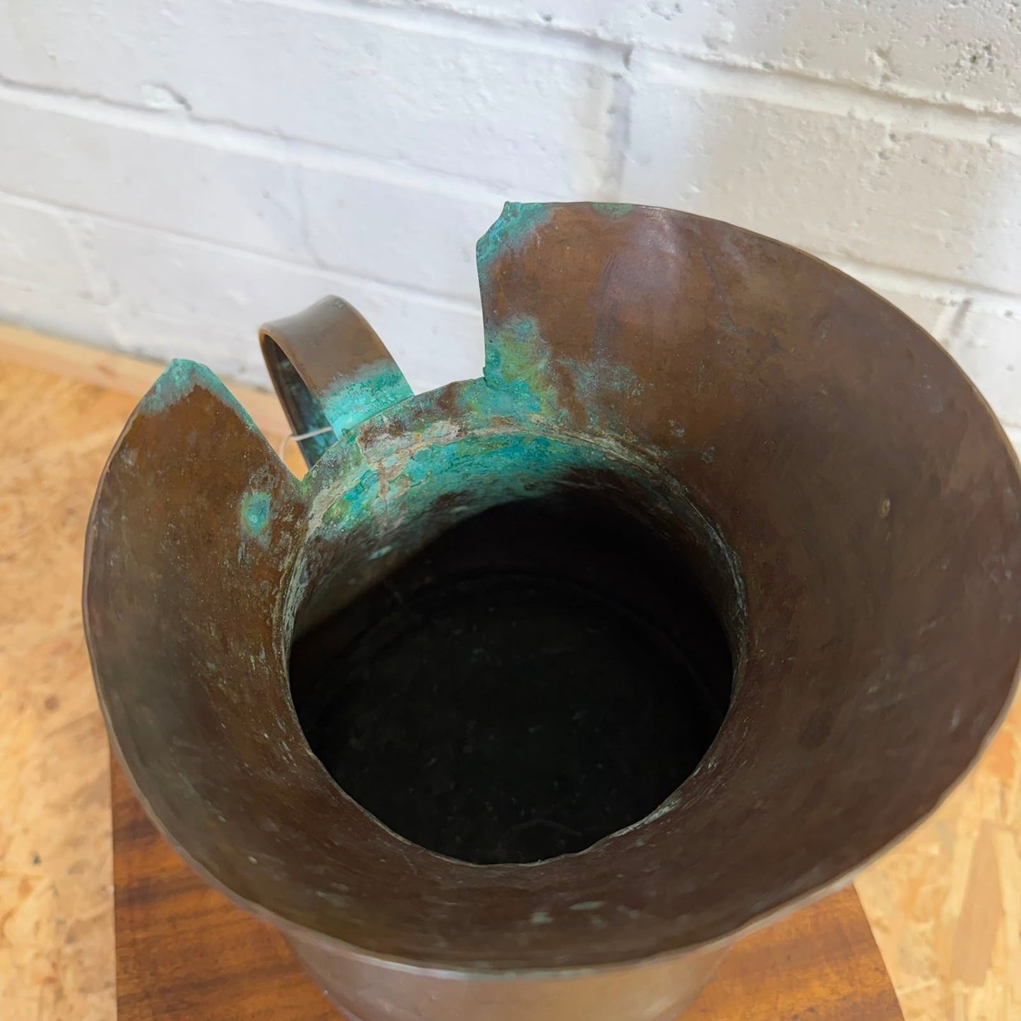 Antique Copper Harvest/Ale Jug 19thC Large Handmade Pitcher Verdigris Patina