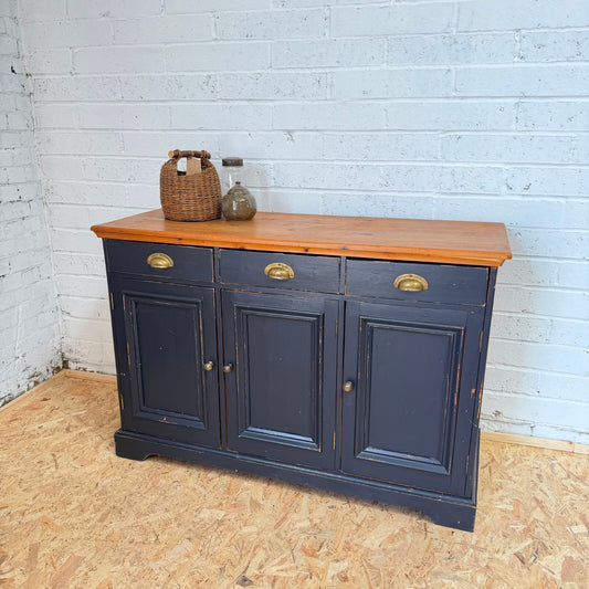 Pine Triple Sideboard 3 Drawers Over Cabinets Brass Cup Handles Shabby Chic