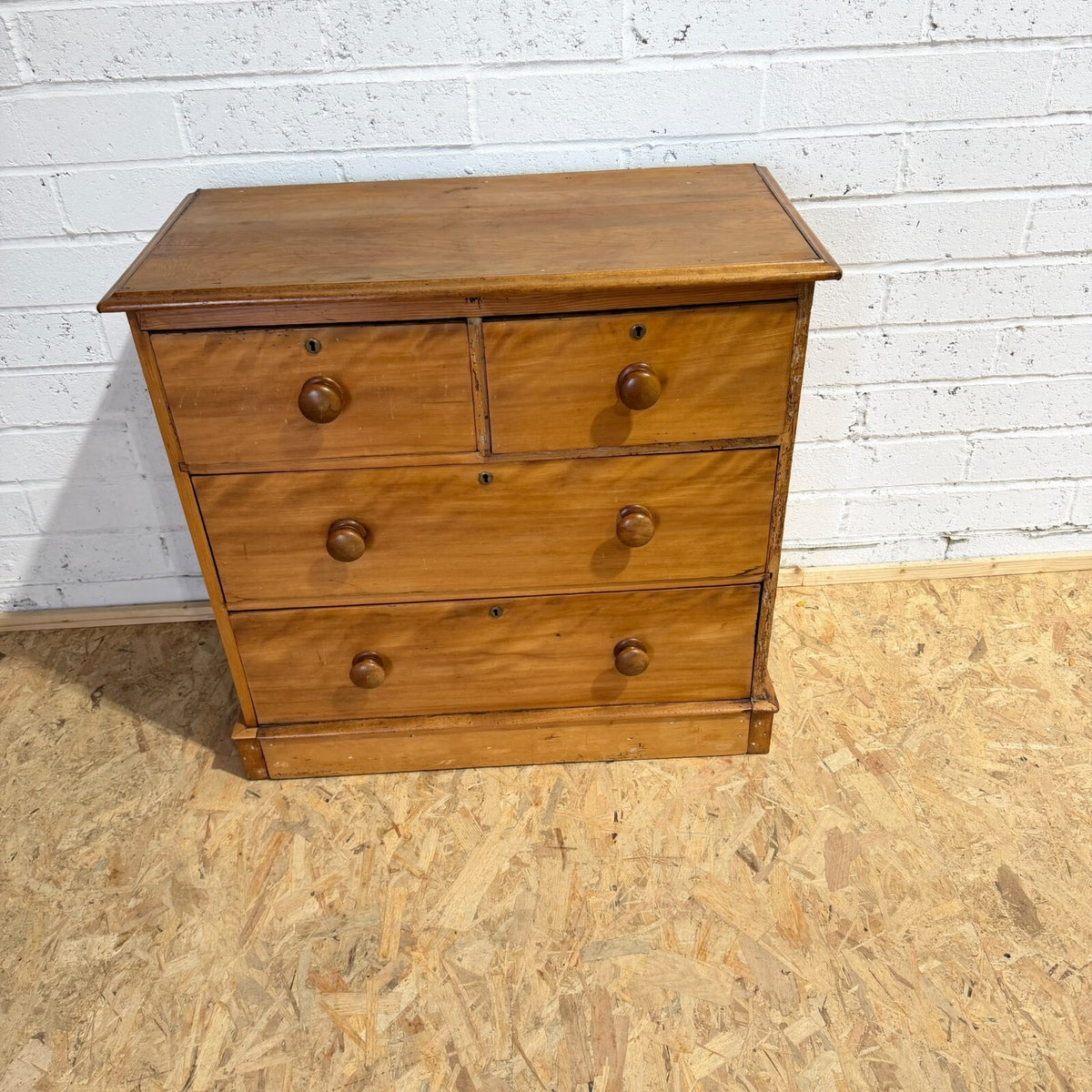 Vintage Rustic Satin Walnut (Pine?) Chest 2 Over 2 Drawers Plinth Drawer