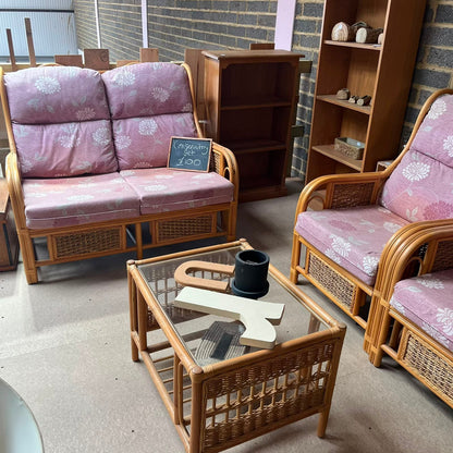 3 Piece Bamboo Conservatory Suite Double Sofa 2 Armchairs Glass Topped Table