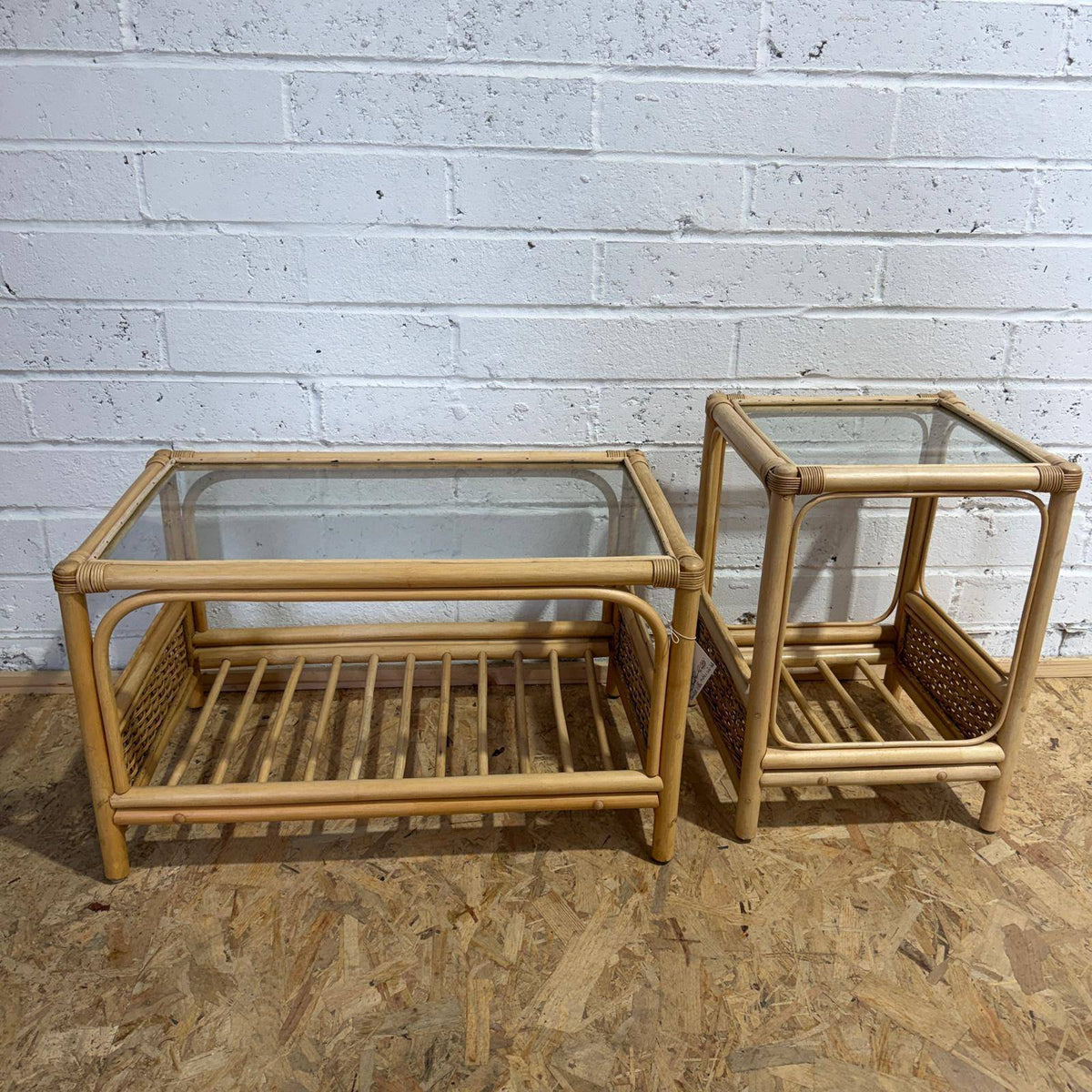 Pair Rustic Bamboo Glass Topped Tables Coffee Table Side Table Shelves Under